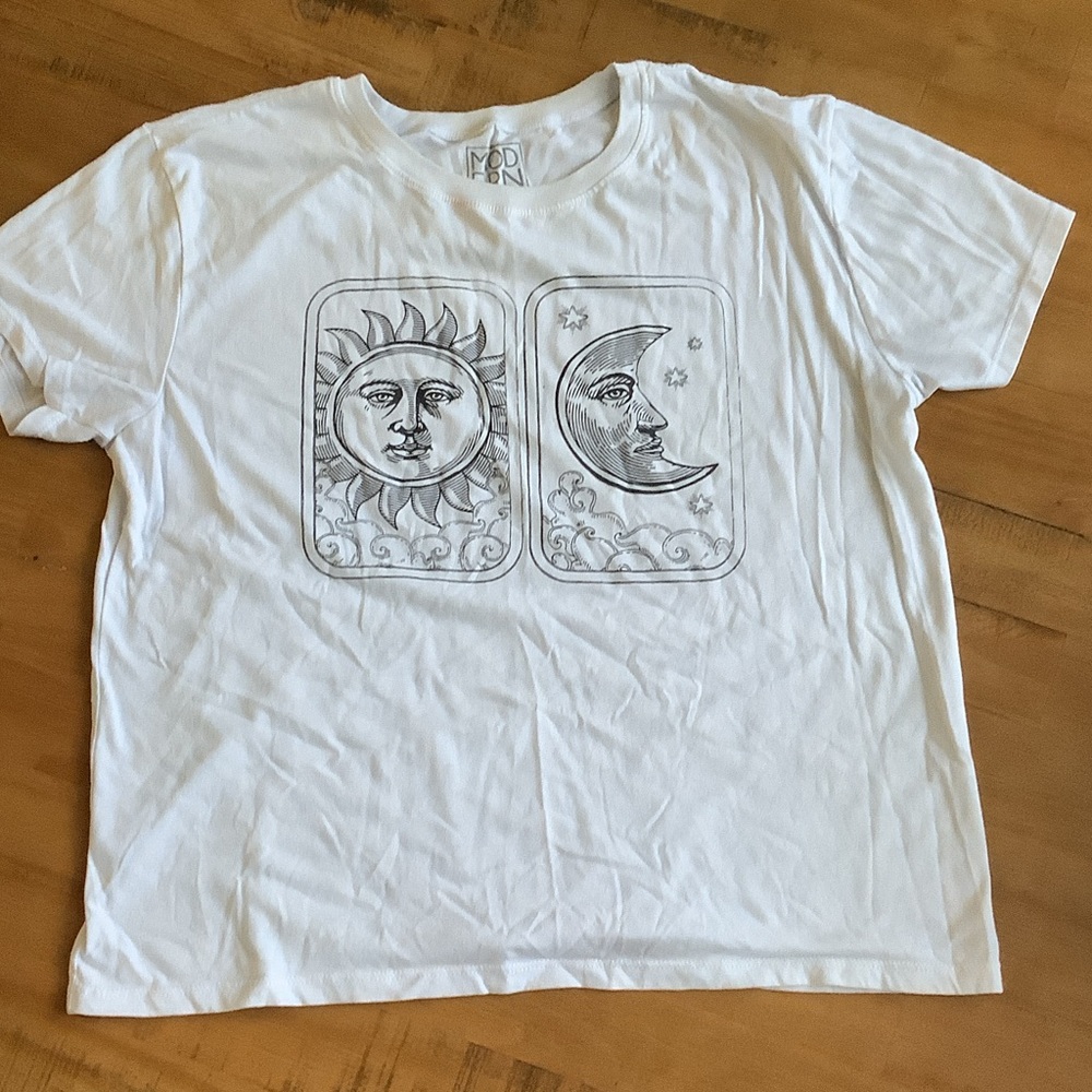 White Graphic Tee with Sun and Moon Design